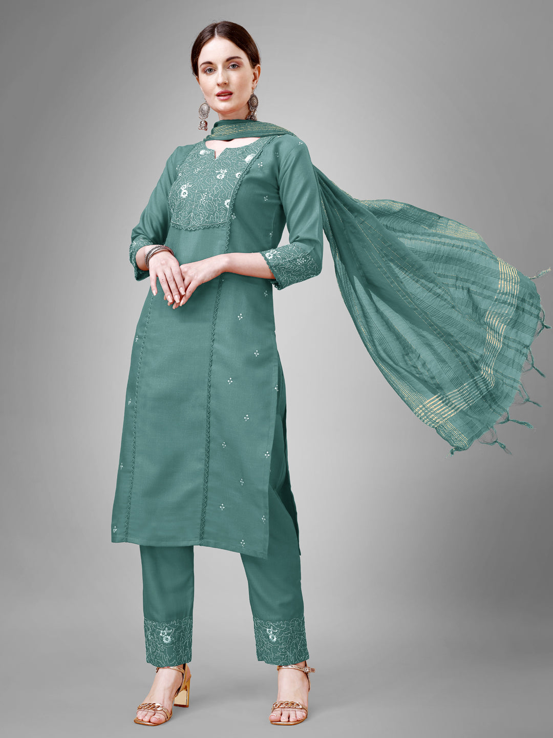 Embroidered Teal Cotton Kurti Pant Set with Dupatta for Women