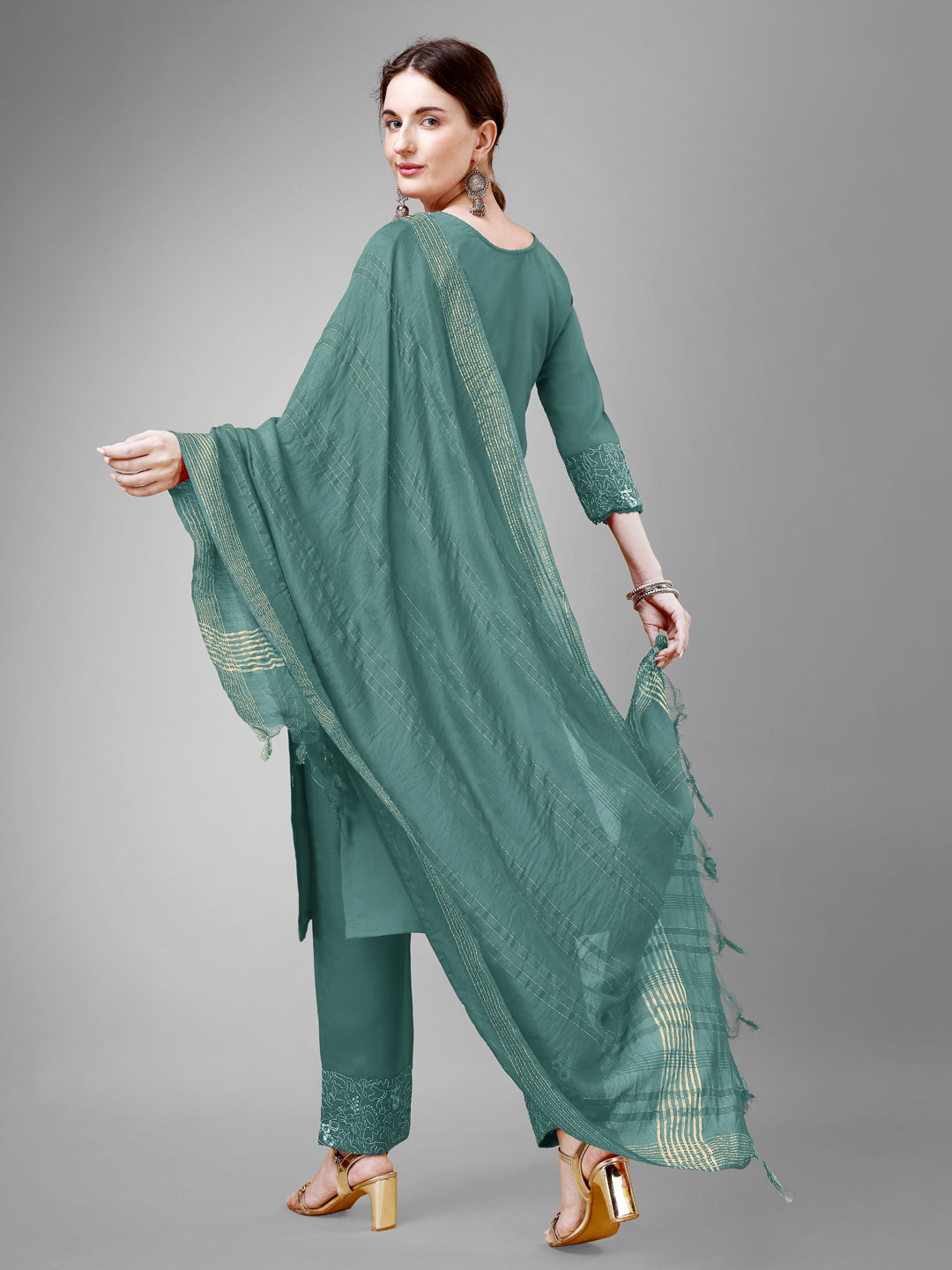 Embroidered Teal Cotton Kurti Pant Set with Dupatta for Women