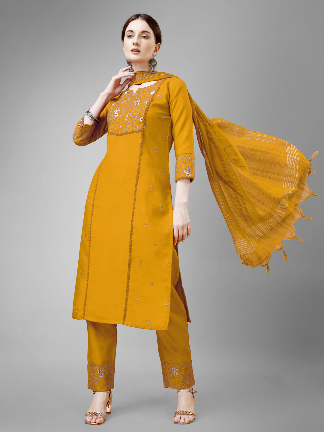 Embroidered Yellow Cotton Kurta Sets for Women