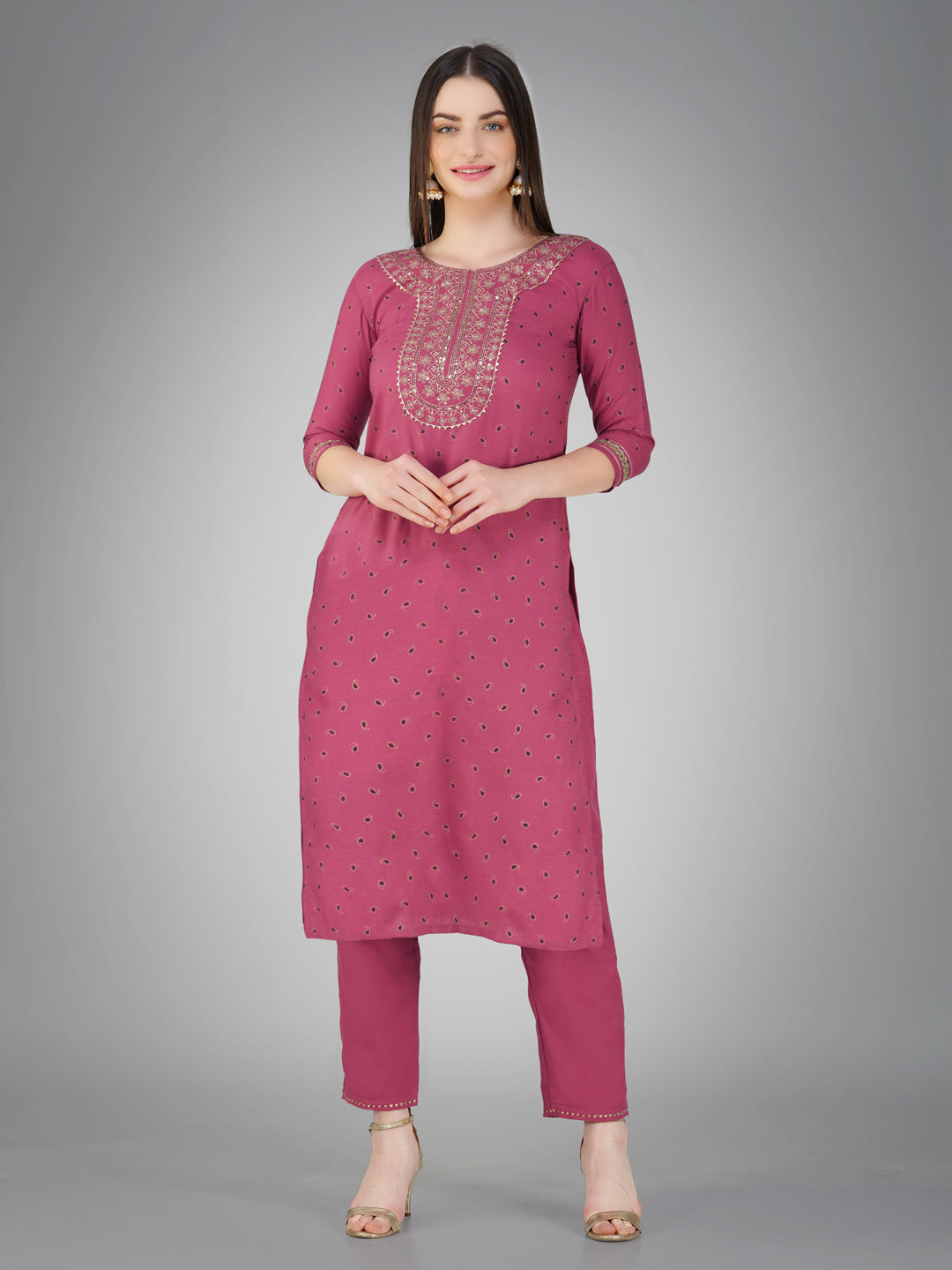 Embroidered Wine Cotton Kurti Pant Sets For Women