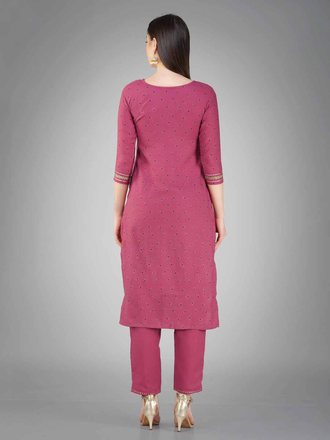 Embroidered Wine Cotton Kurti Pant Sets For Women