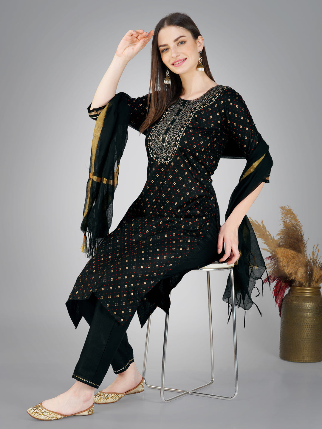 Embroidered Black Cotton Kurti Pant Set with Dupatta for Women