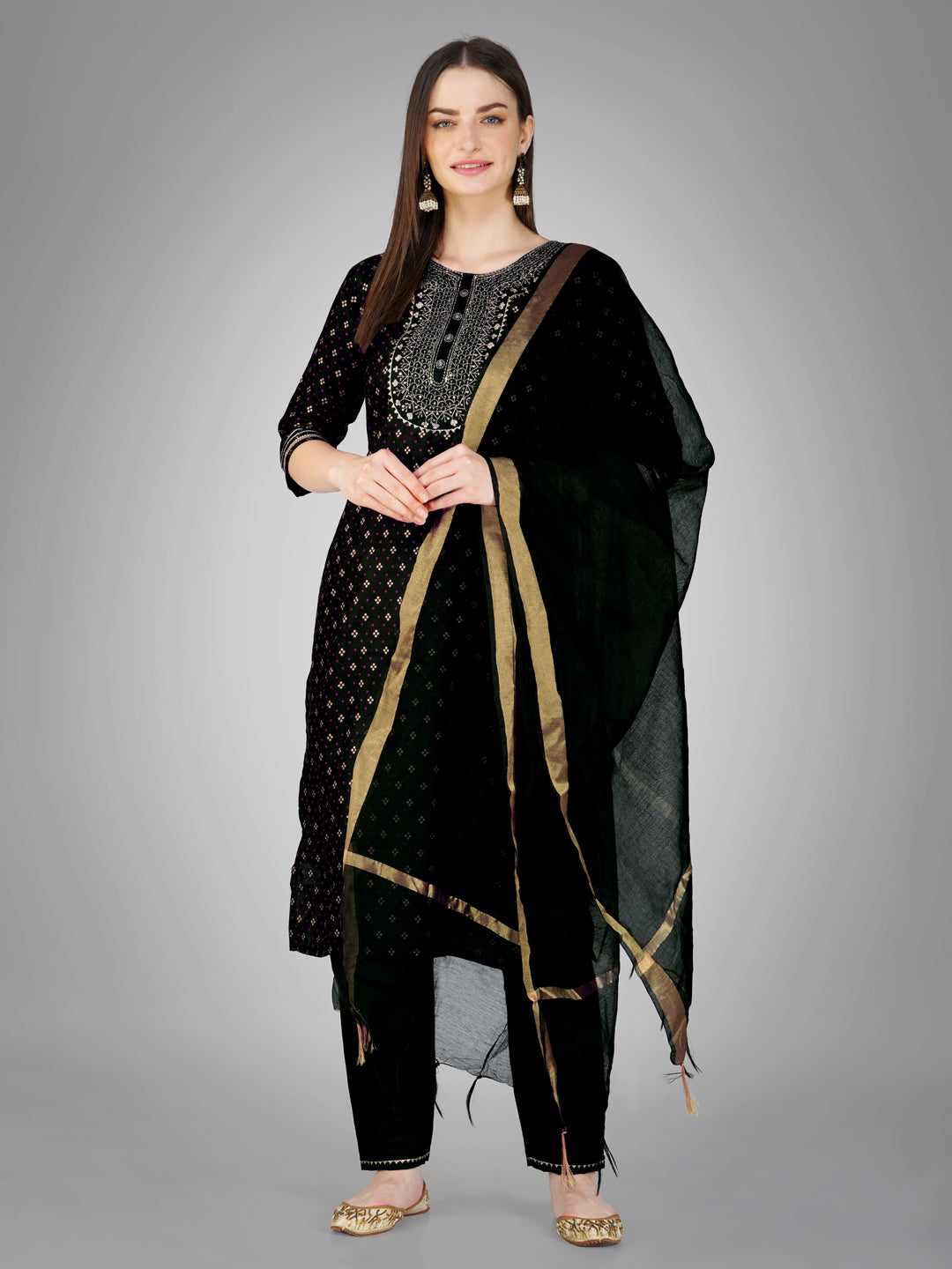 Embroidered Black Cotton Kurti Pant Set with Dupatta for Women