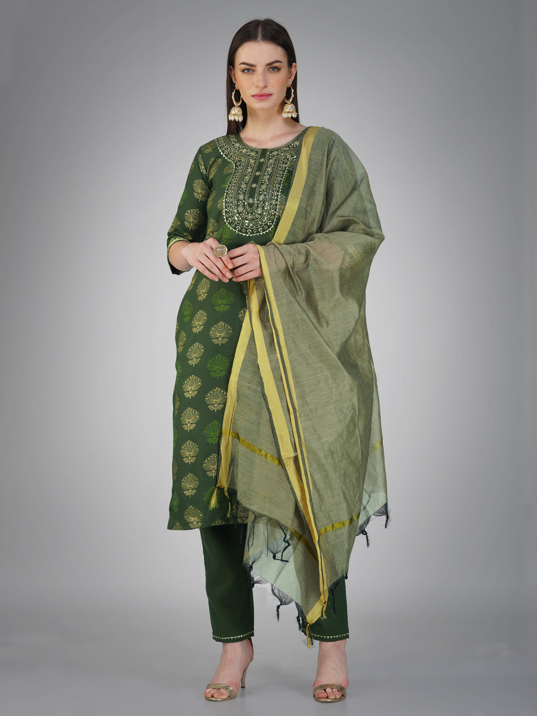 Embroidered Dark Green Cotton Kurta Sets for Women