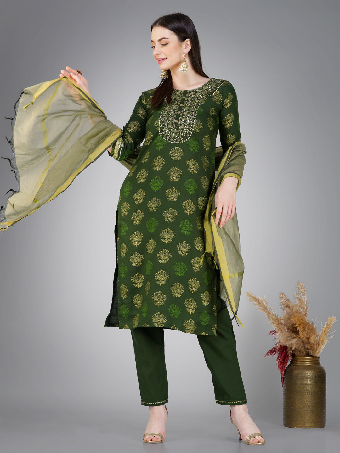 Embroidered Dark Green Cotton Kurta Sets for Women