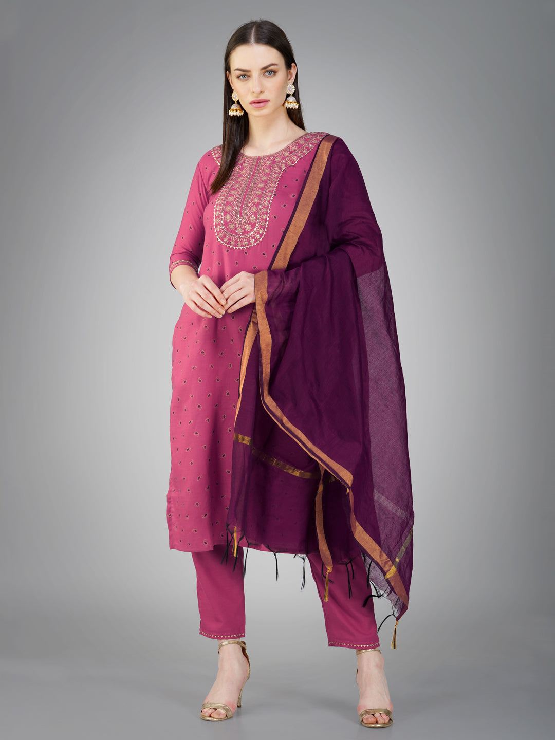 Women Embroidered Cotton Blend Wine Kurta Pant Dupatta Set (Ethnic Sets) (1117-Wine)