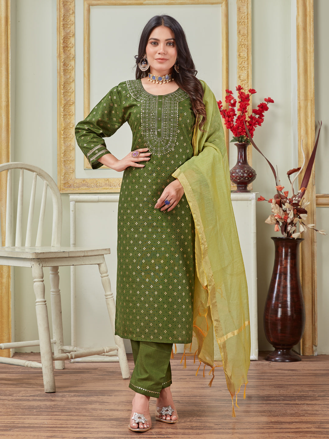 Women Embroidered Cotton Blend Mehendi Green Kurta Pant Dupatta Sets (Ethnic Set) (New-1117-Mehendi)