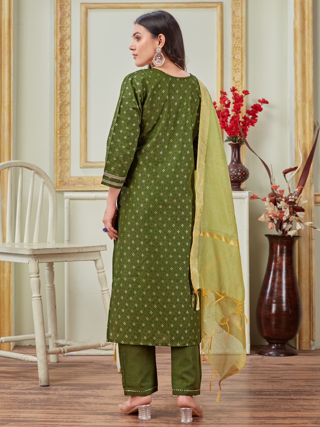 Women Embroidered Cotton Blend Mehendi Green Kurta Pant Dupatta Sets (Ethnic Set) (New-1117-Mehendi)