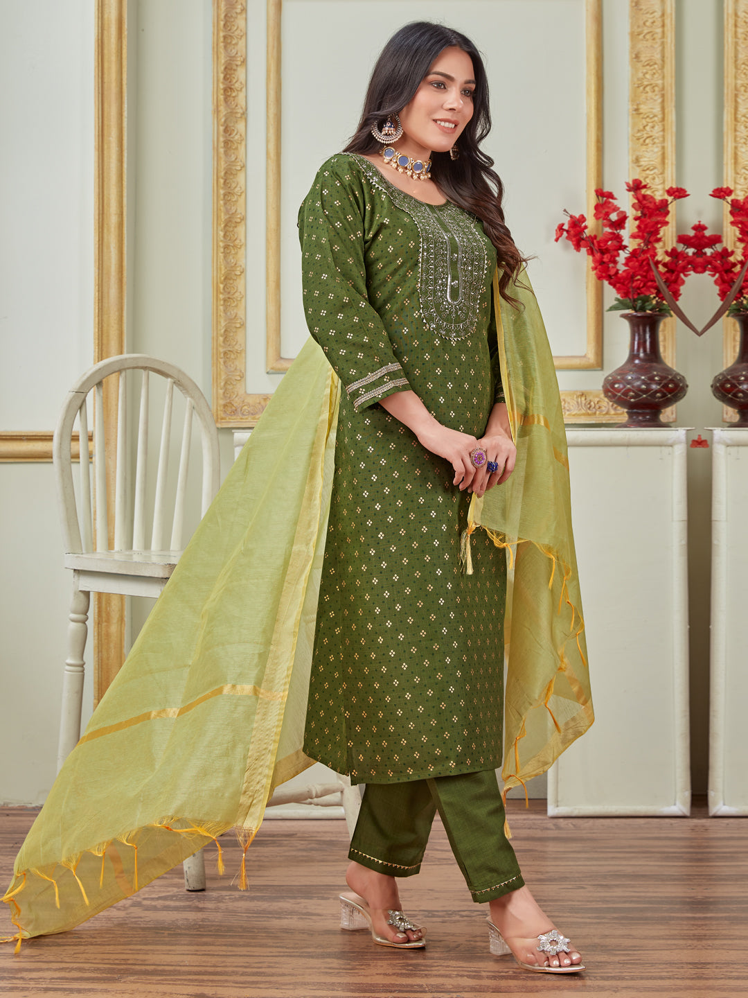 Women Embroidered Cotton Blend Mehendi Green Kurta Pant Dupatta Sets (Ethnic Set) (New-1117-Mehendi)