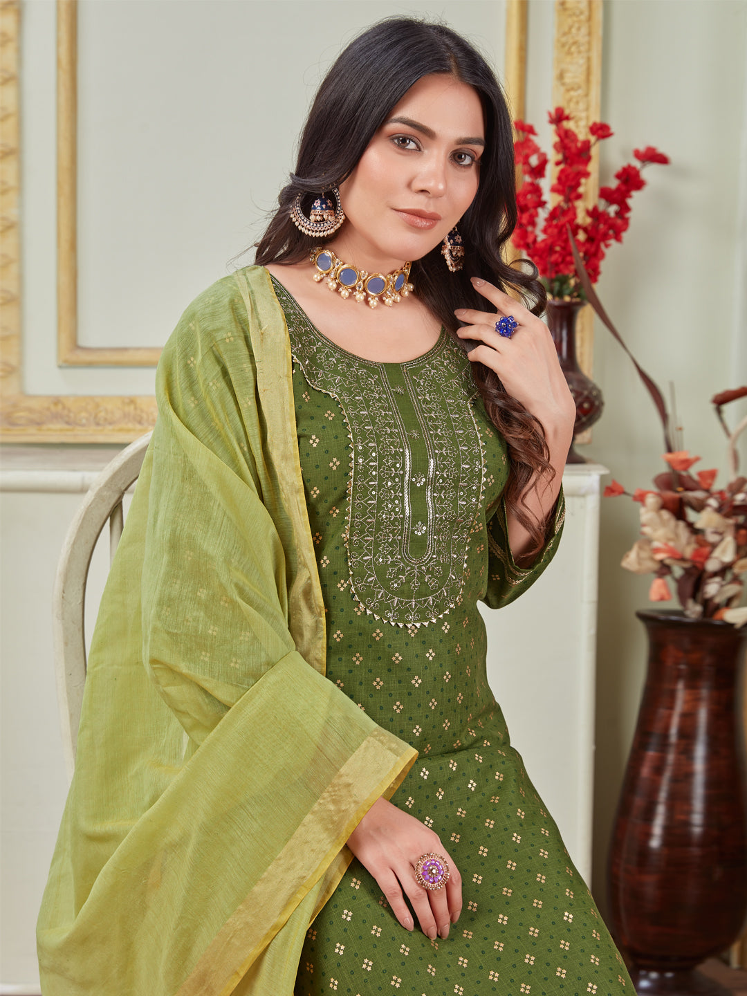 Women Embroidered Cotton Blend Mehendi Green Kurta Pant Dupatta Sets (Ethnic Set) (New-1117-Mehendi)