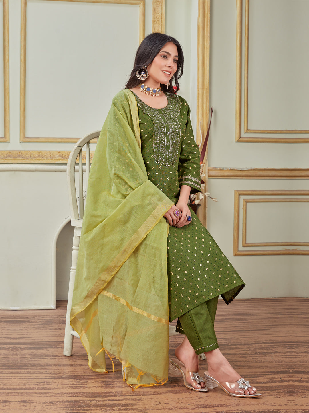 Women Embroidered Cotton Blend Mehendi Green Kurta Pant Dupatta Sets (Ethnic Set) (New-1117-Mehendi)