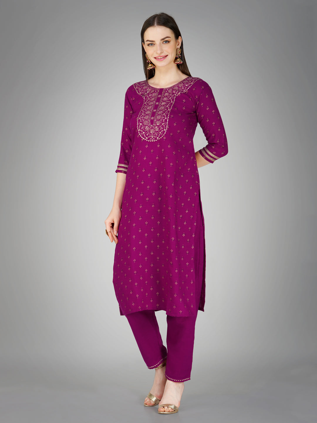 Women Embroidered Cotton Blend Purple Kurta Pant Dupatta Set (Ethnic Sets) (1117-Purple)