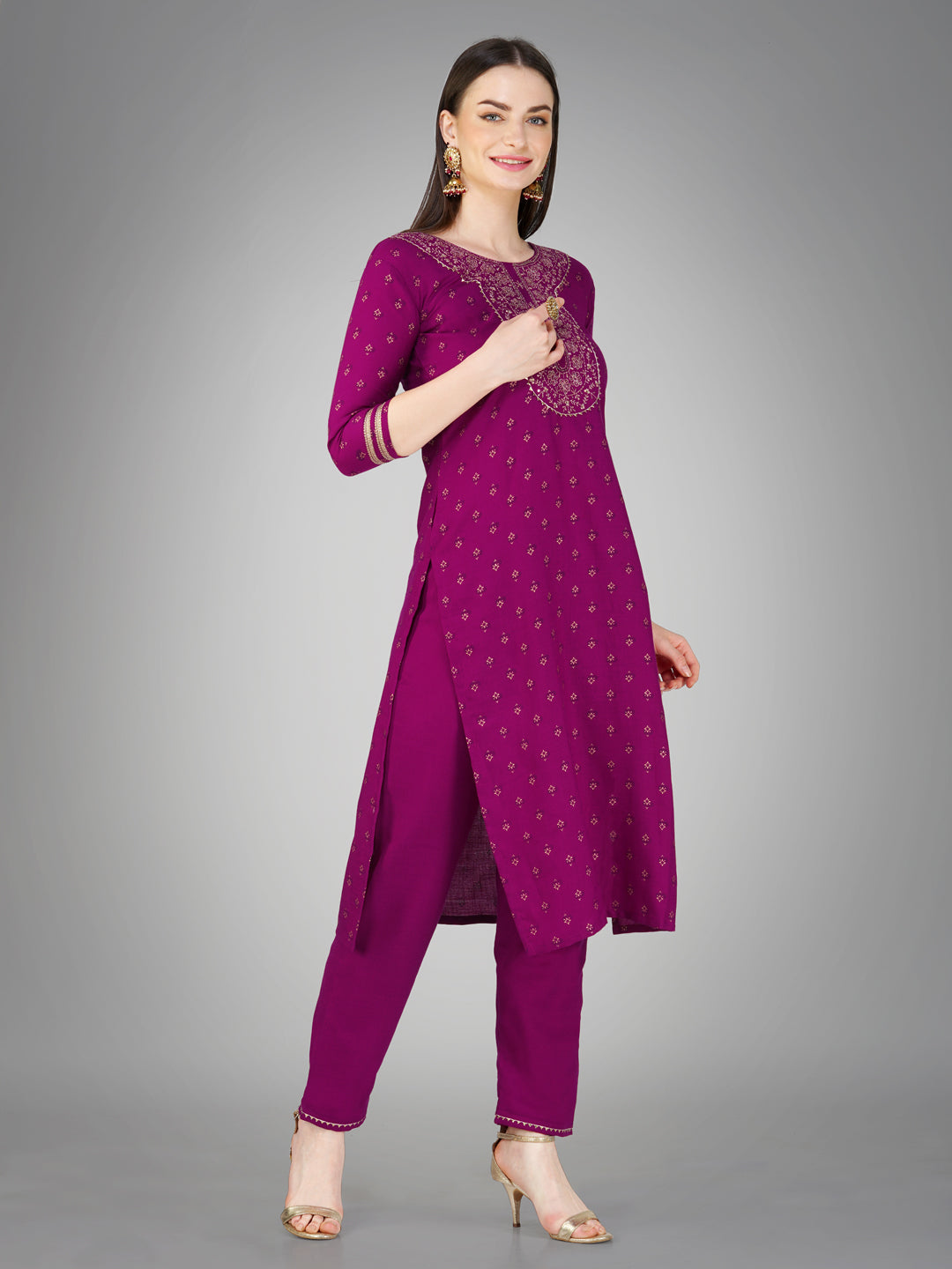 Women Embroidered Cotton Blend Purple Kurta Pant Dupatta Set (Ethnic Sets) (1117-Purple)