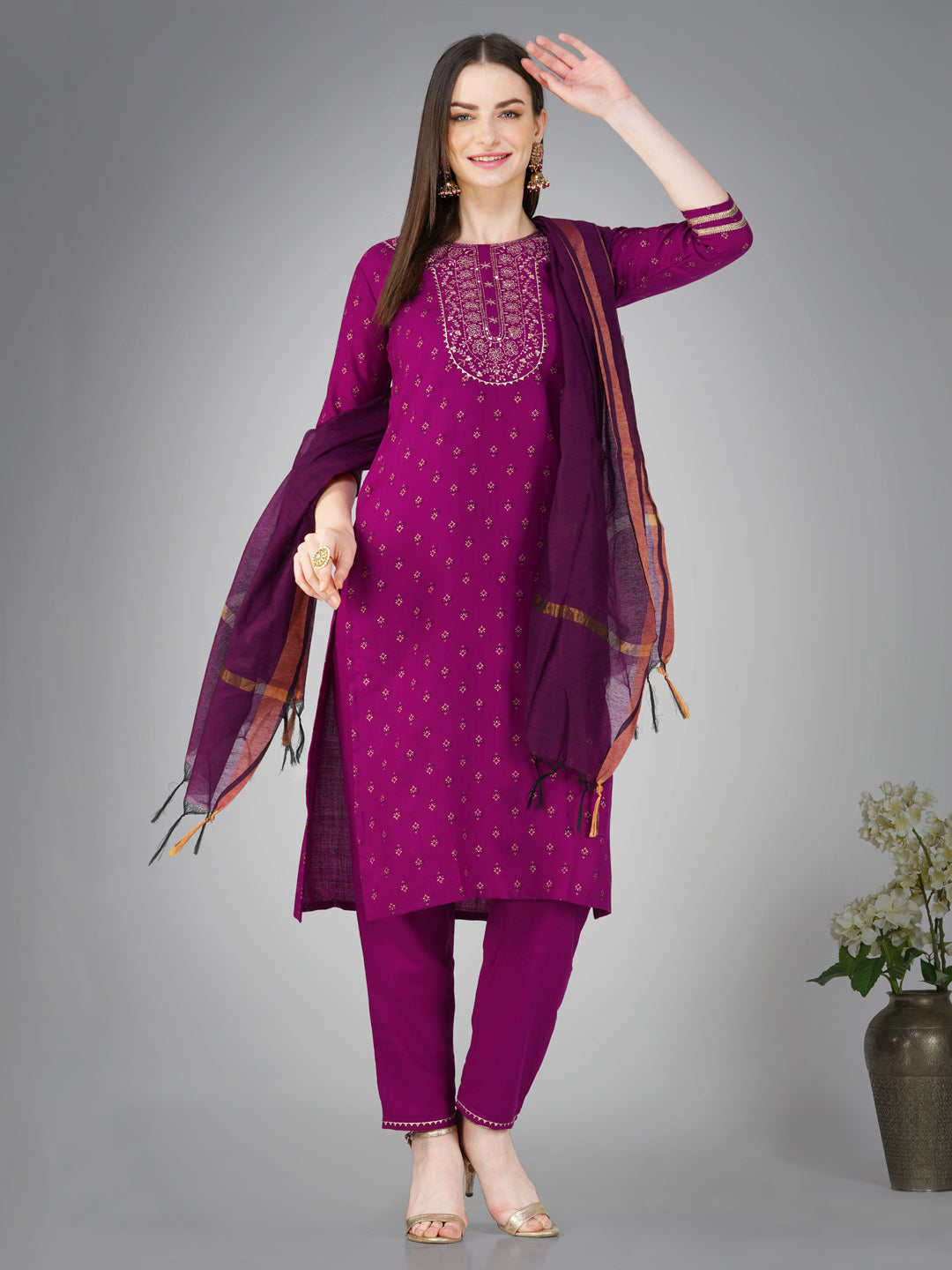 Women Embroidered Cotton Blend Purple Kurta Pant Dupatta Set (Ethnic Sets) (1117-Purple)