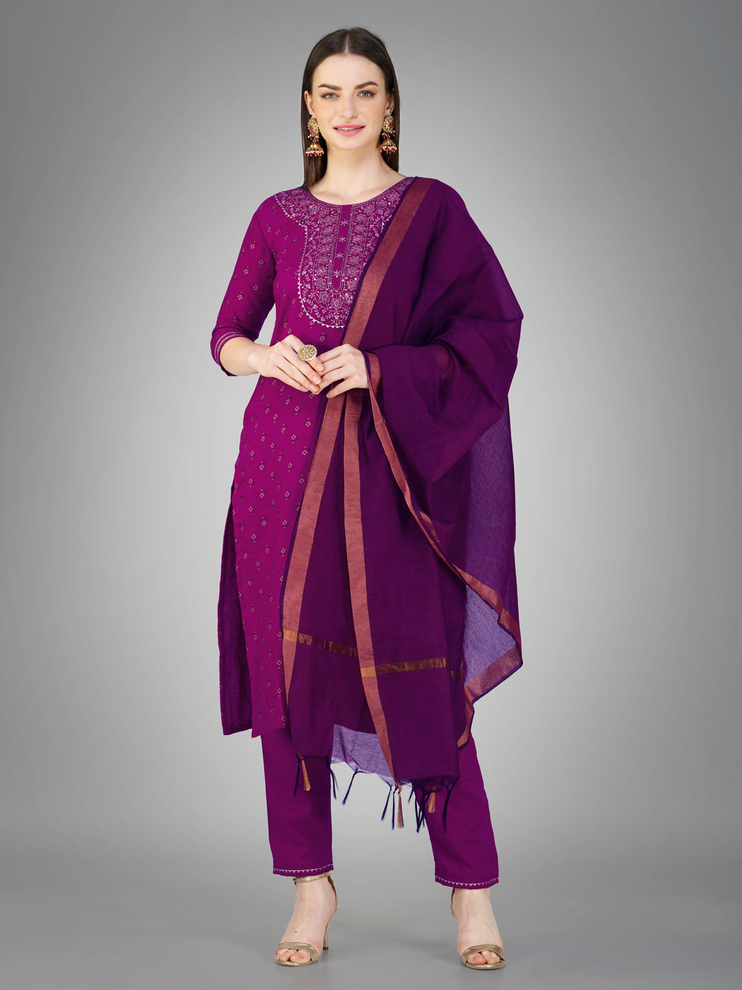 Women Embroidered Cotton Blend Purple Kurta Pant Dupatta Set (Ethnic Sets) (1117-Purple)