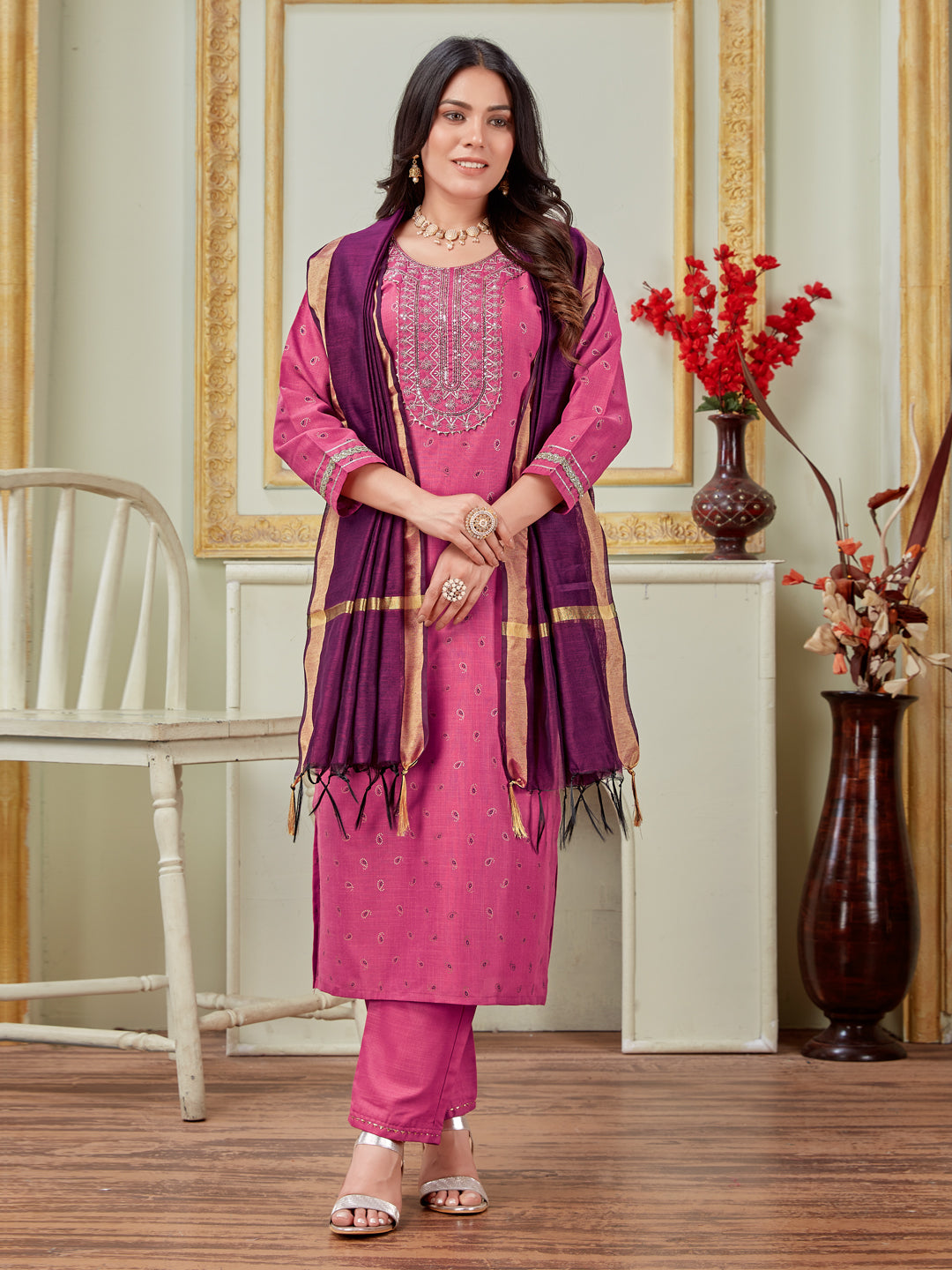 Women Embroidered Cotton Blend Wine Kurta Pant Dupatta Sets (Ethnic Set) (1117-Wine)