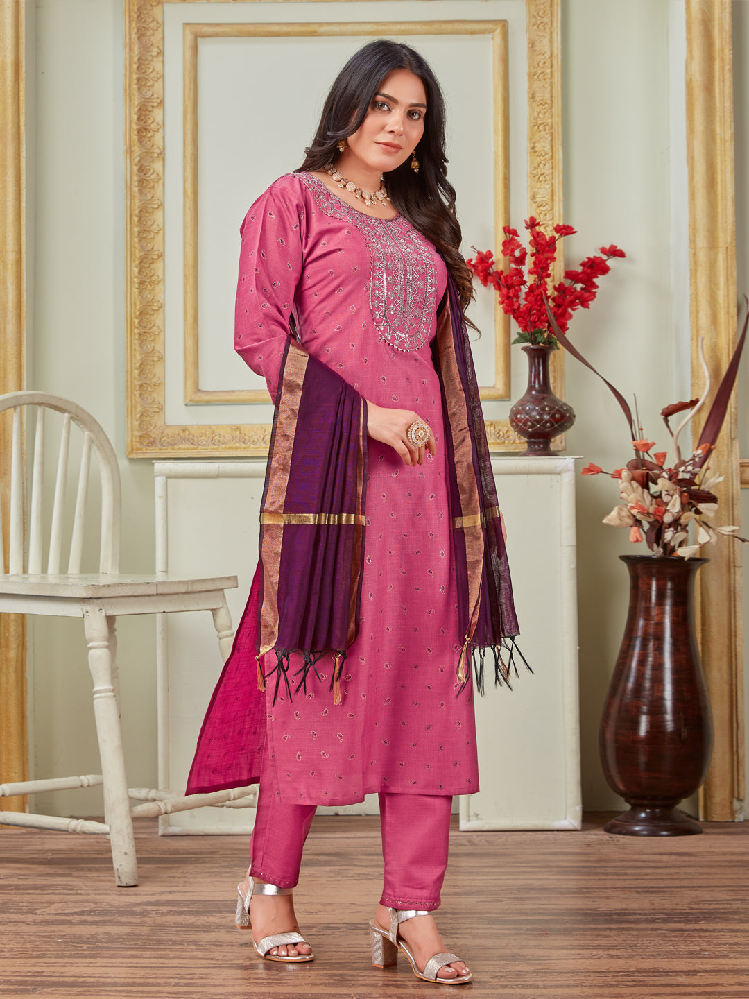 Women Embroidered Cotton Blend Wine Kurta Pant Dupatta Sets (Ethnic Set) (1117-Wine)