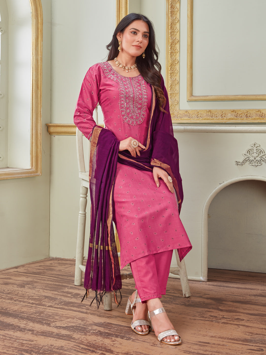 Women Embroidered Cotton Blend Wine Kurta Pant Dupatta Sets (Ethnic Set) (1117-Wine)