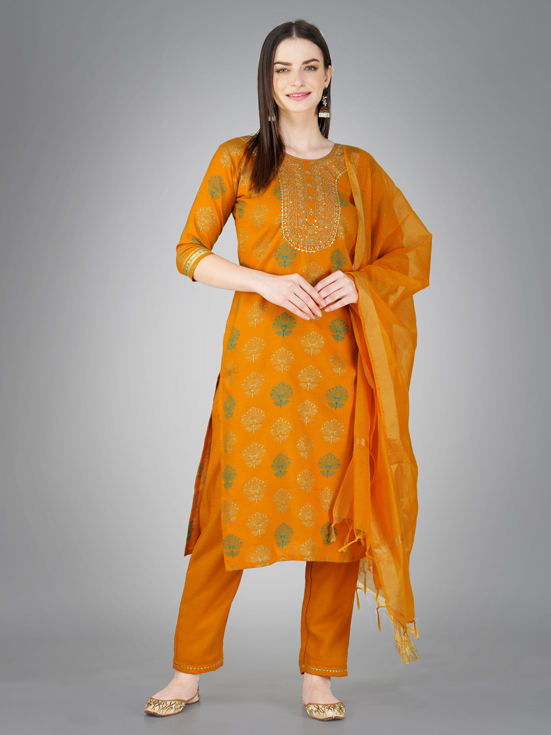 Embroidered Yellow Cotton Kurti Pant Set with Dupatta for Women