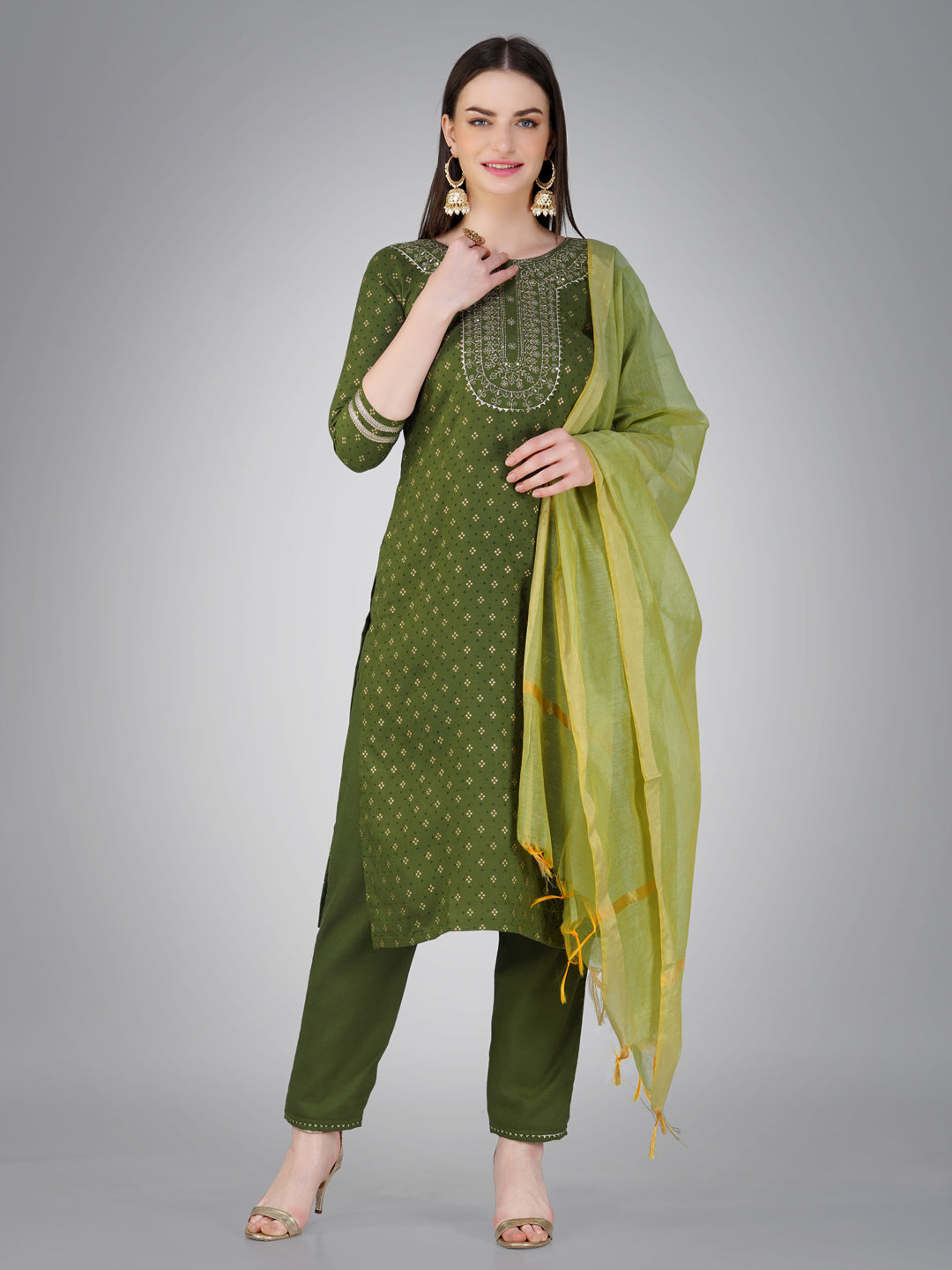 Women Embroidered Cotton Blend Mehendi Green Kurta Pant Dupatta Set (Ethnic Sets) (1117-Mehendi)