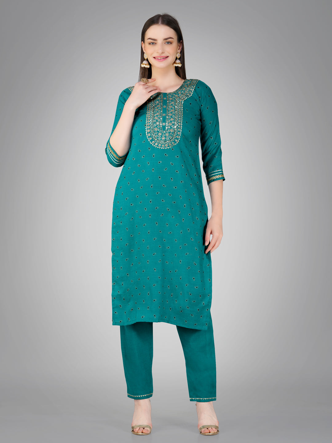 Embroidered Rama Green Cotton Kurti Pant Sets For Women