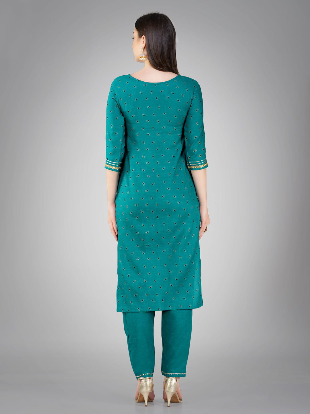 Embroidered Rama Green Cotton Kurti Pant Sets For Women