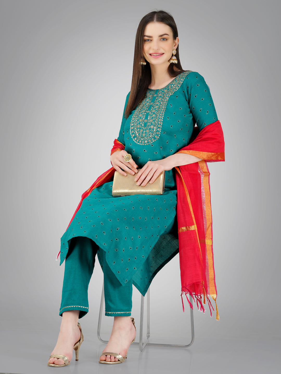 Women Embroidered Cotton Blend Rama Kurta Pant Dupatta Set (Ethnic Sets) (1117-Rama)