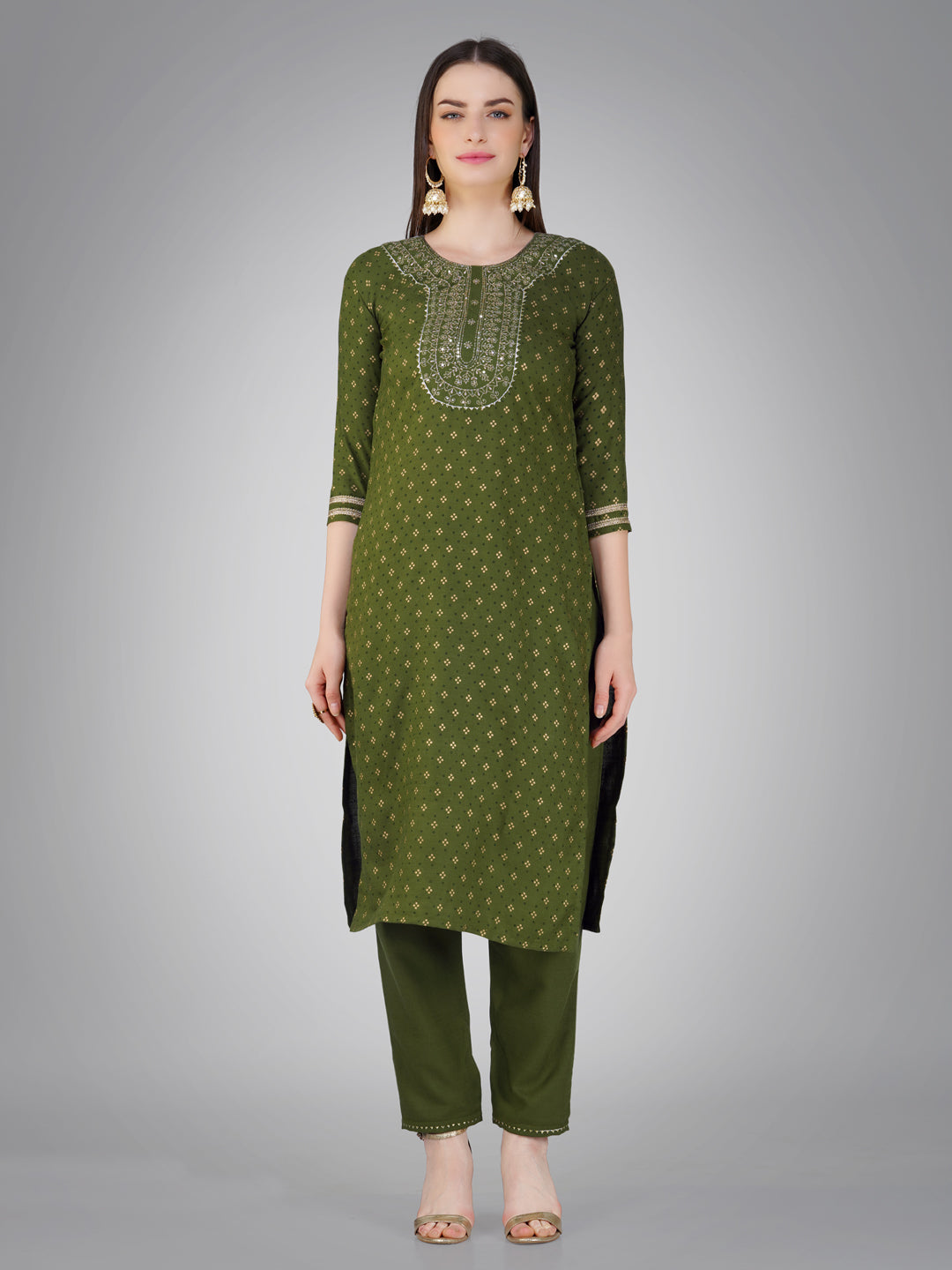 Embroidered Mehendi Green Cotton Kurta Sets For Women