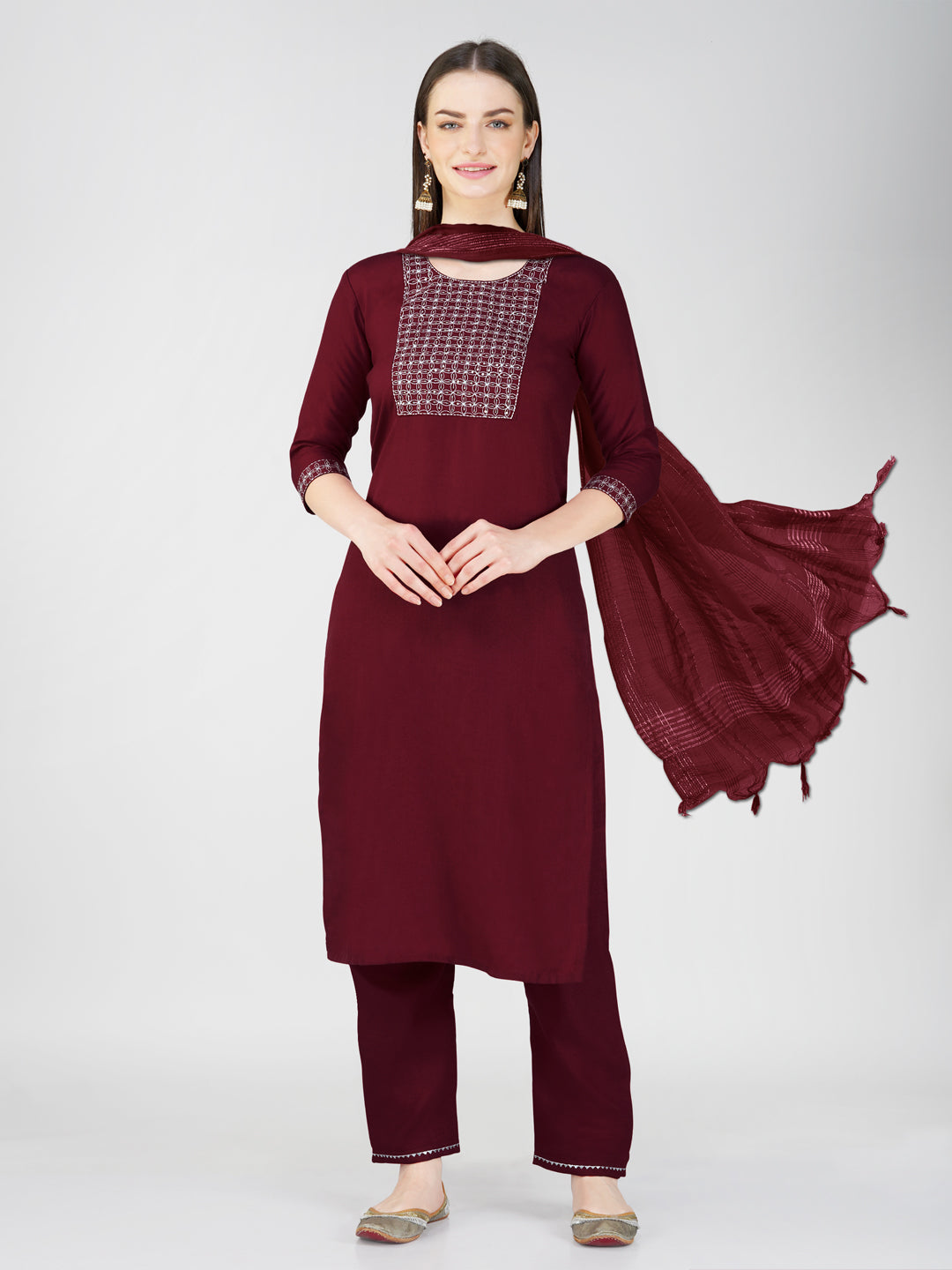 Embroidered Maroon Cotton Kurta Sets for Women