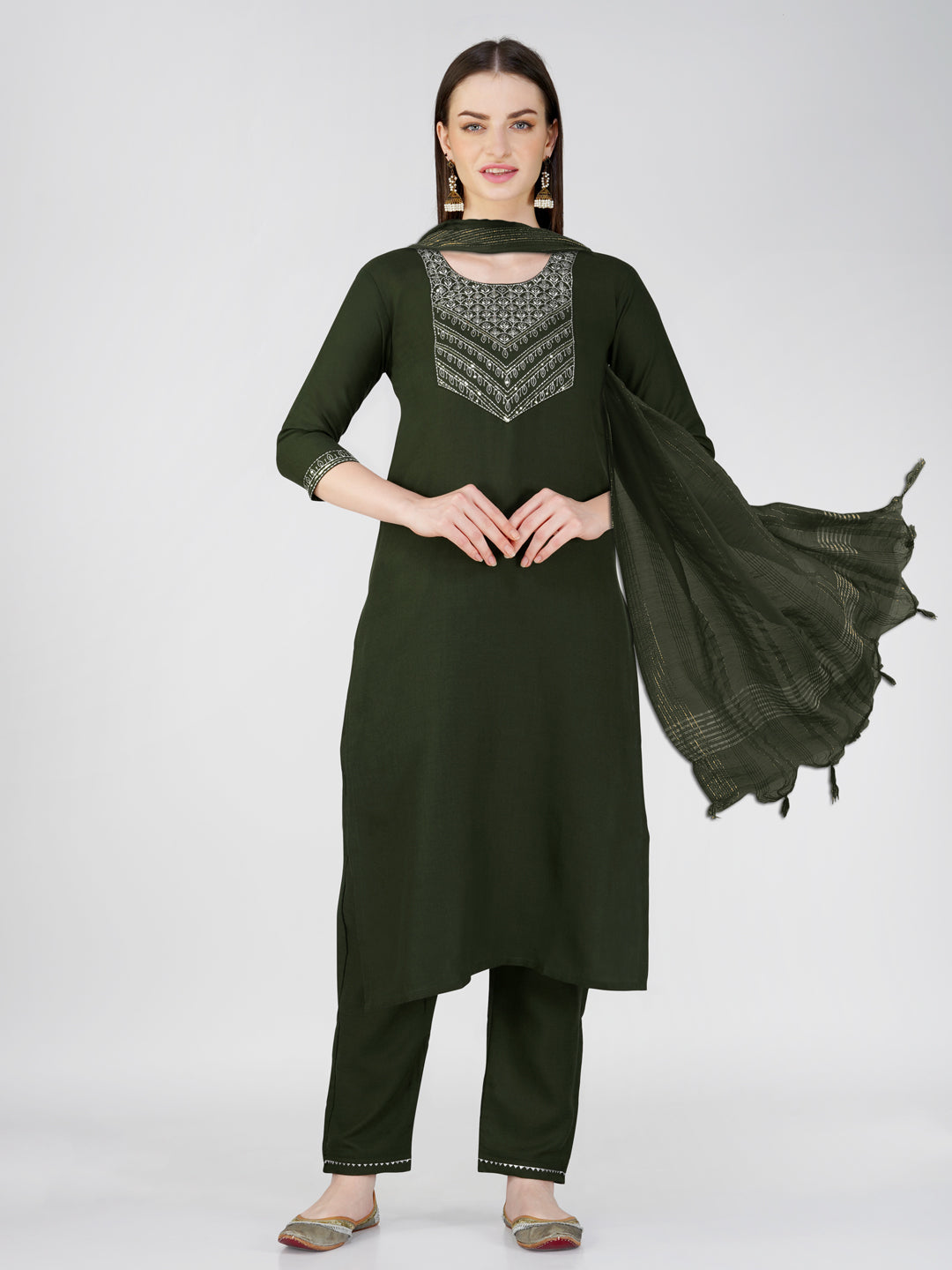 Embroidered Mehendi Green Cotton Kurti Pant Set with Dupatta for Women