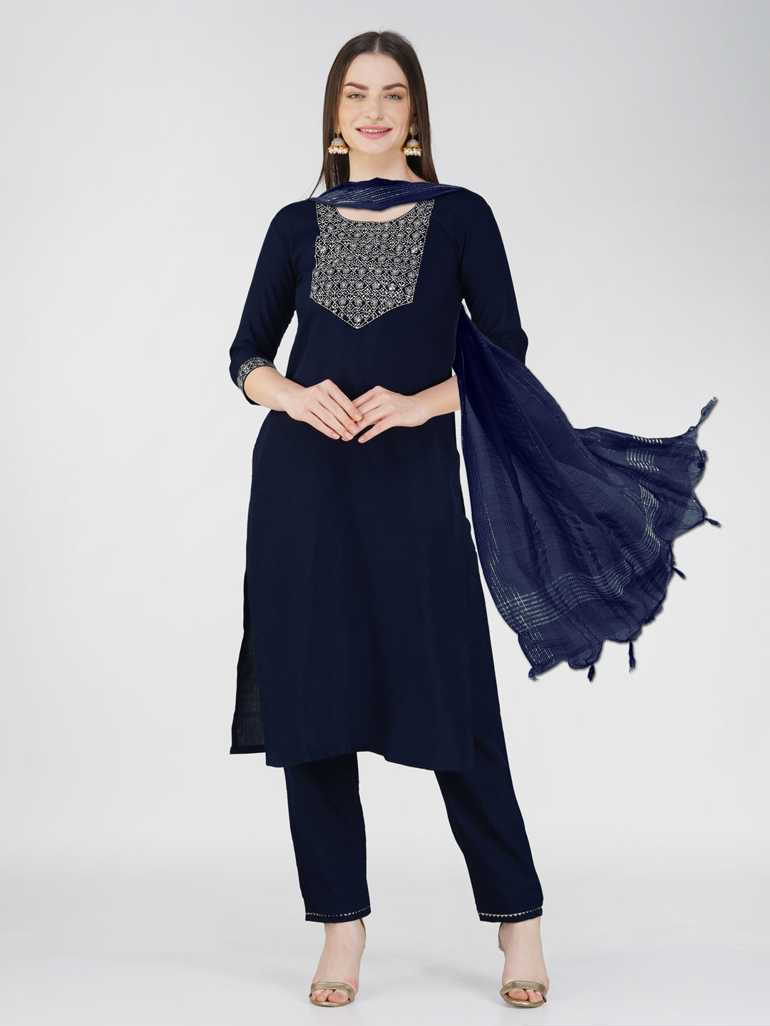 Embroidered Navy Blue Cotton Kurta Sets for Women