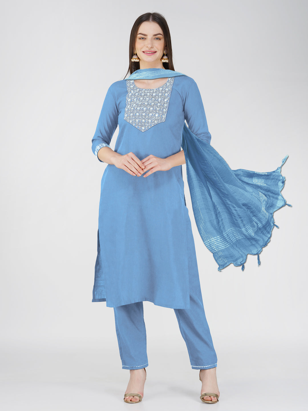 Embroidered Sky Blue Cotton Kurta Sets for Women