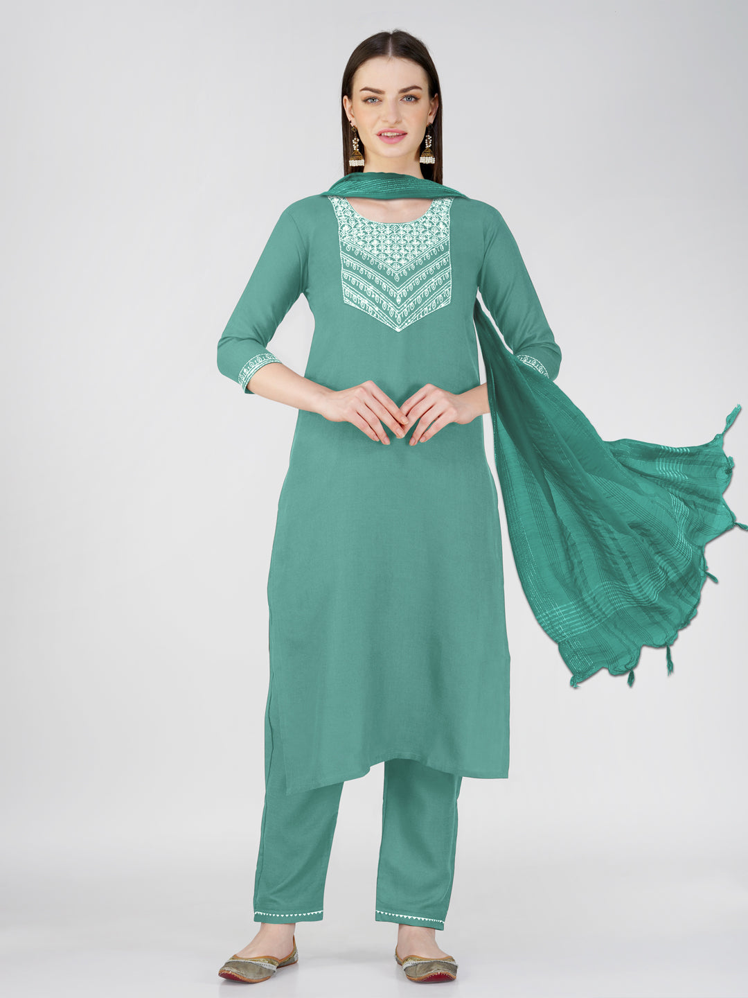 Embroidered Teal Cotton Kurta Sets for Women