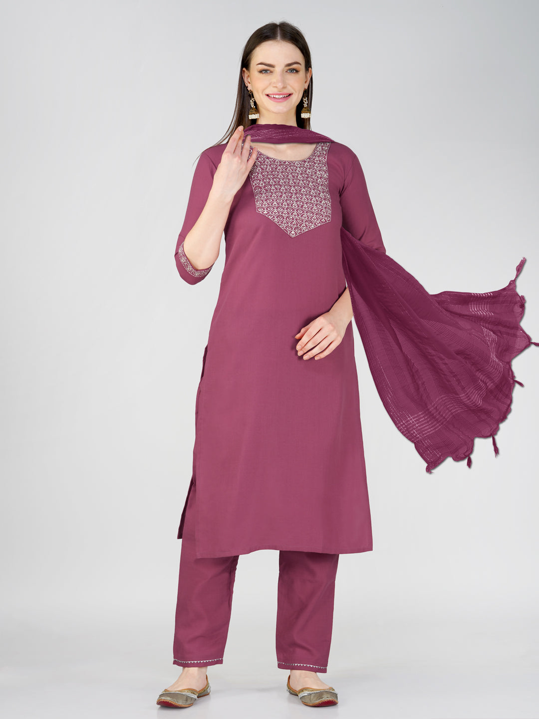 Embroidered Wine Cotton Kurta Sets for Women