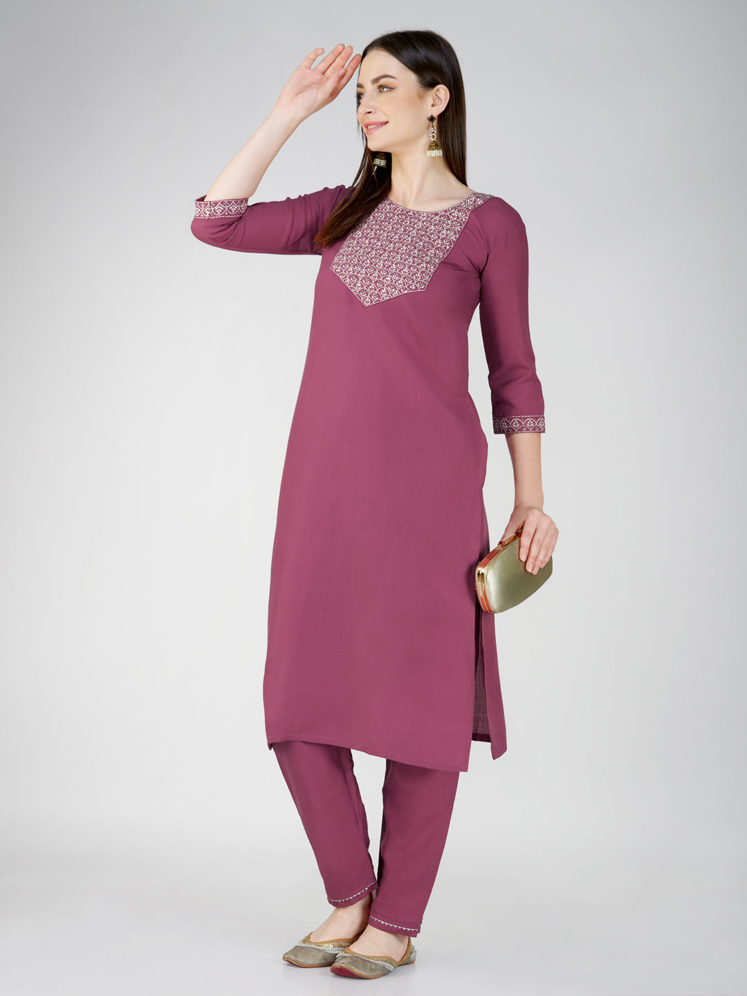 Embroidered Wine Cotton Kurta Sets for Women