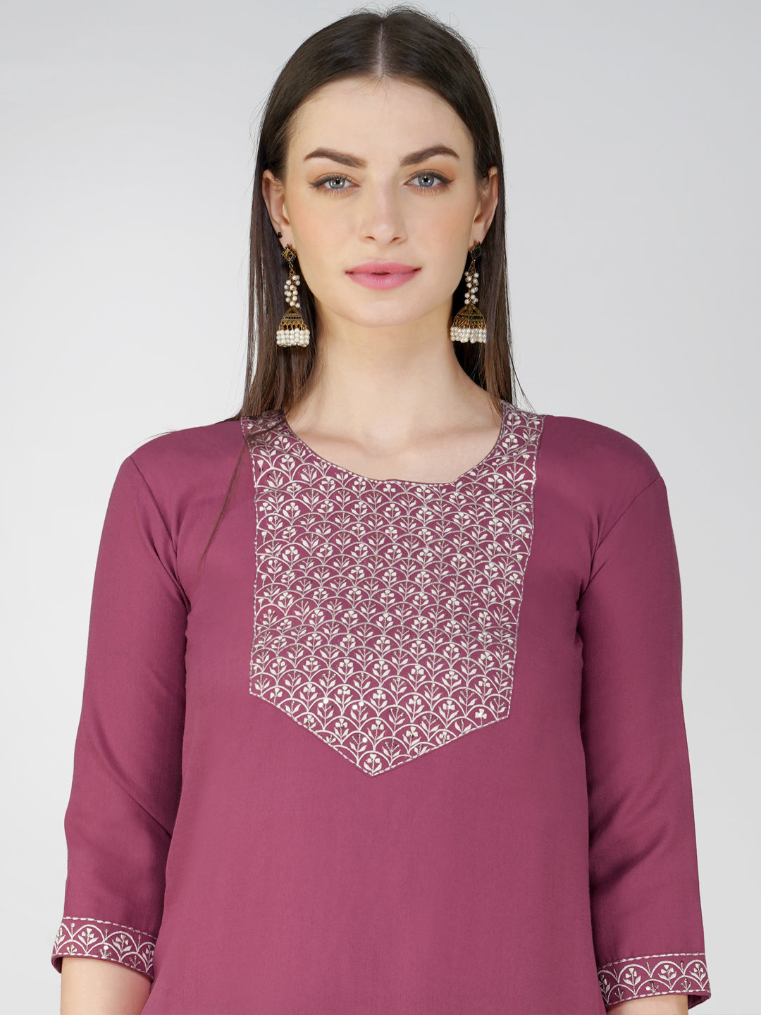 Embroidered Wine Cotton Kurta Sets for Women