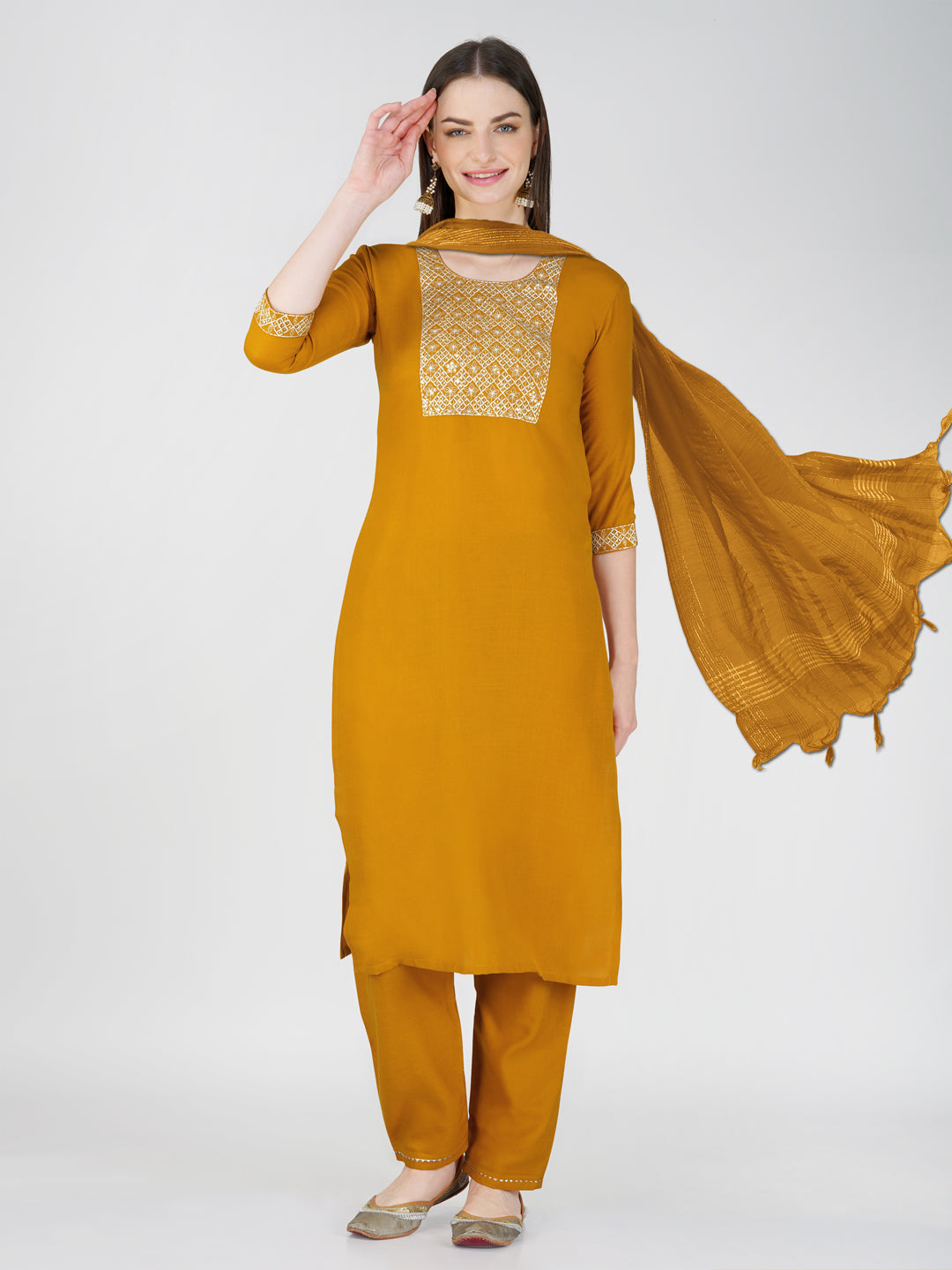 Embroidered Yellow Cotton Kurti Pant Set with Dupatta for Women