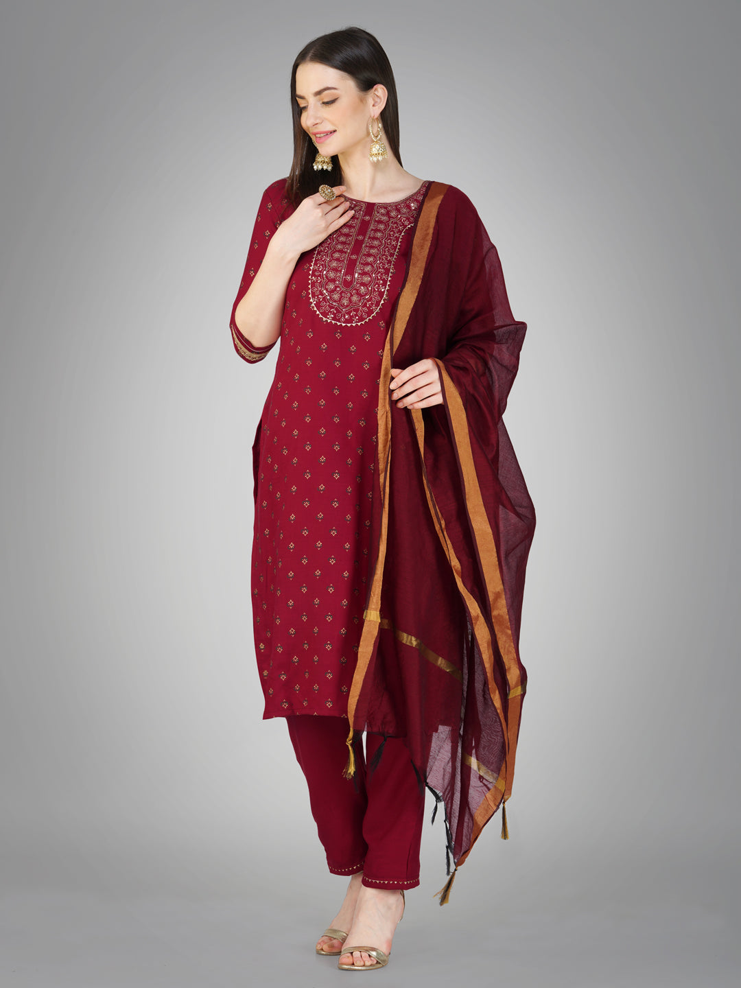 Women Embroidered Cotton Blend Maroon Kurta Pant Dupatta Set (Ethnic Sets) (1117-Maroon)