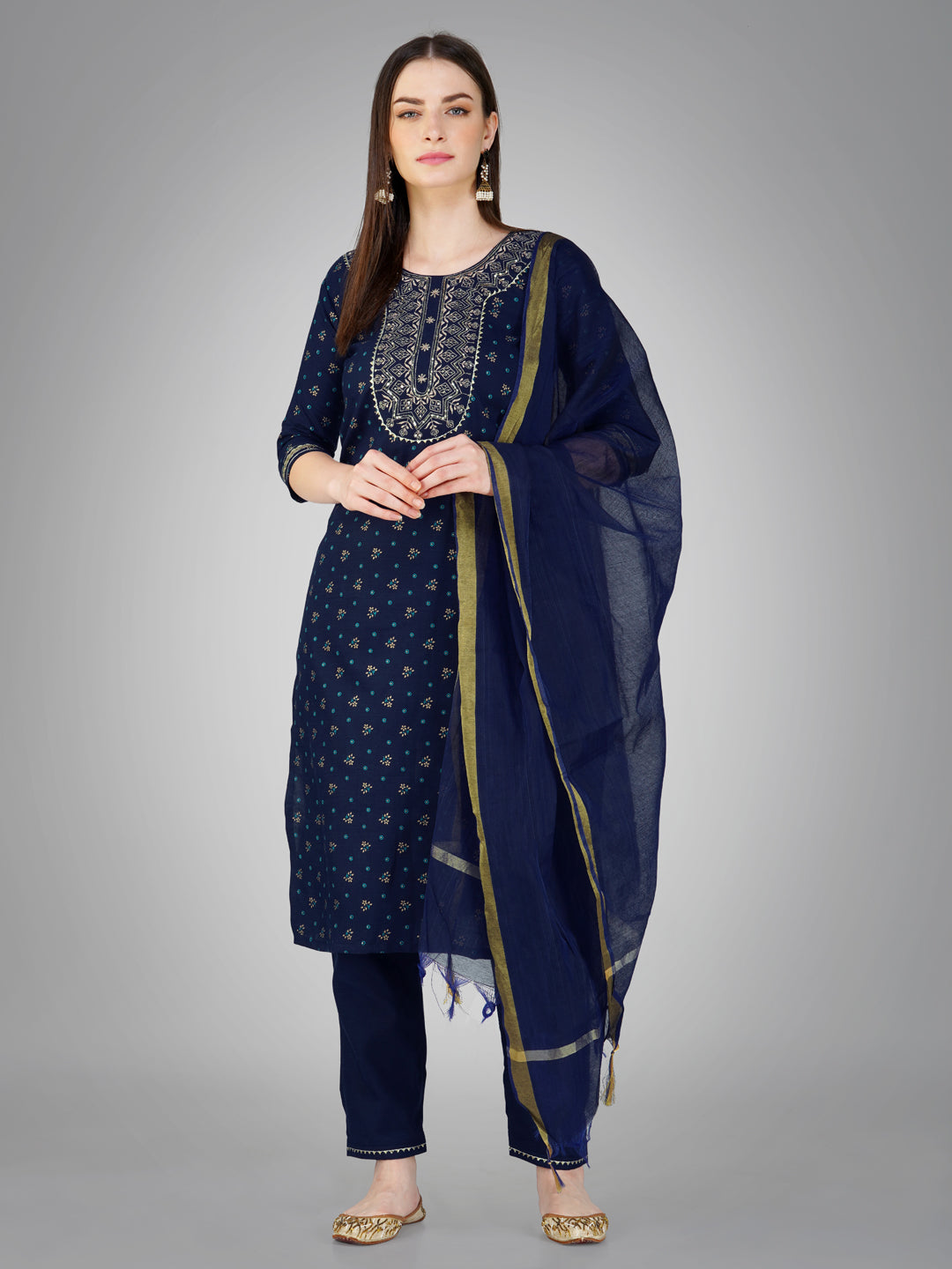 Women Embroidered Cotton Blend Navy Blue Kurta Pant Dupatta Set (Ethnic Sets) (1117-NavyBlue)