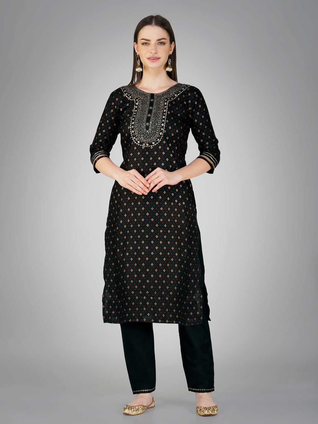 Embroidered Black Cotton Kurti Pant Sets For Women