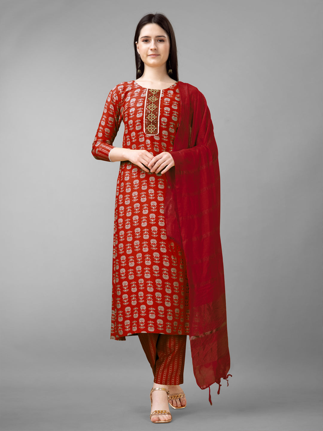 Embroidered Maroon Rayon Kurta Sets for Women