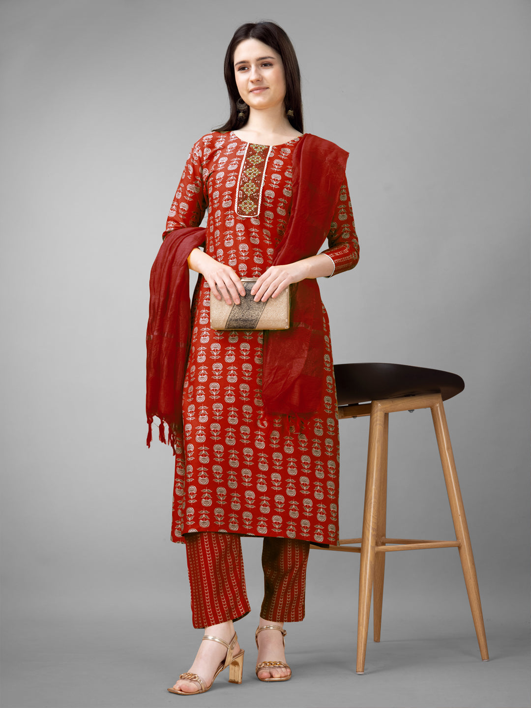 Embroidered Maroon Rayon Kurta Sets for Women