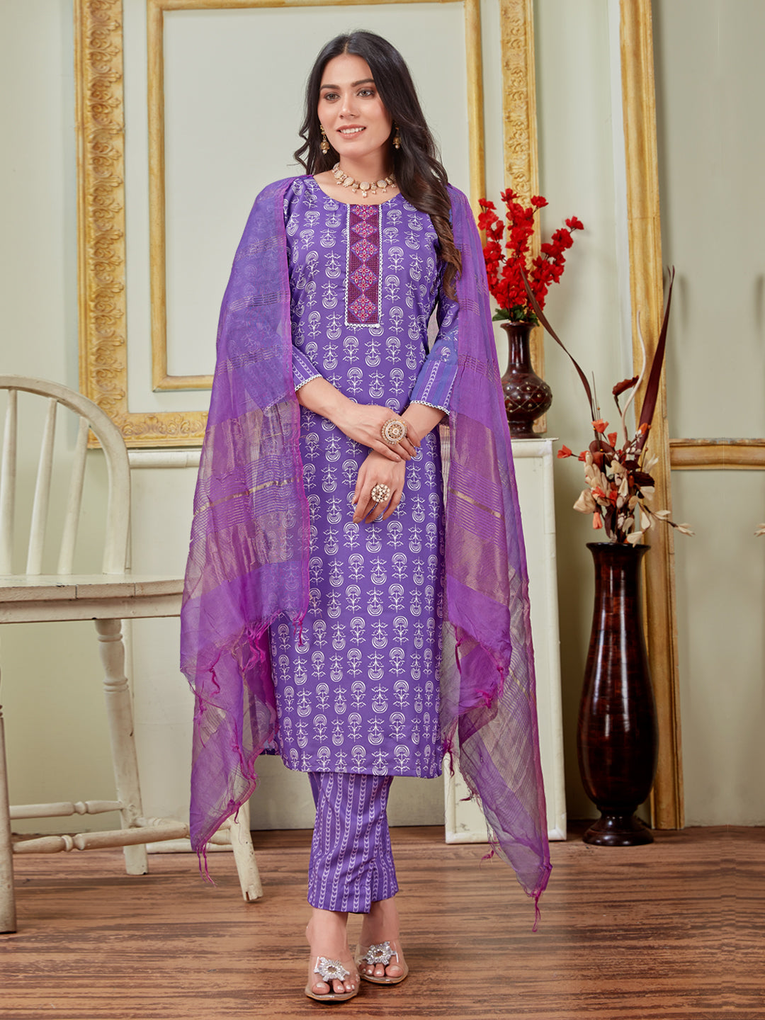 Embroidered Purple Rayon Kurti Pant Set with Dupatta for Women