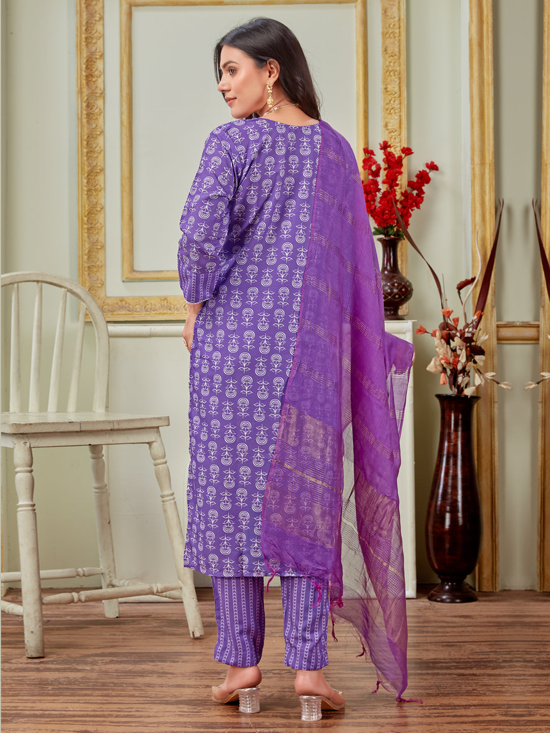 Embroidered Purple Rayon Kurti Pant Set with Dupatta for Women