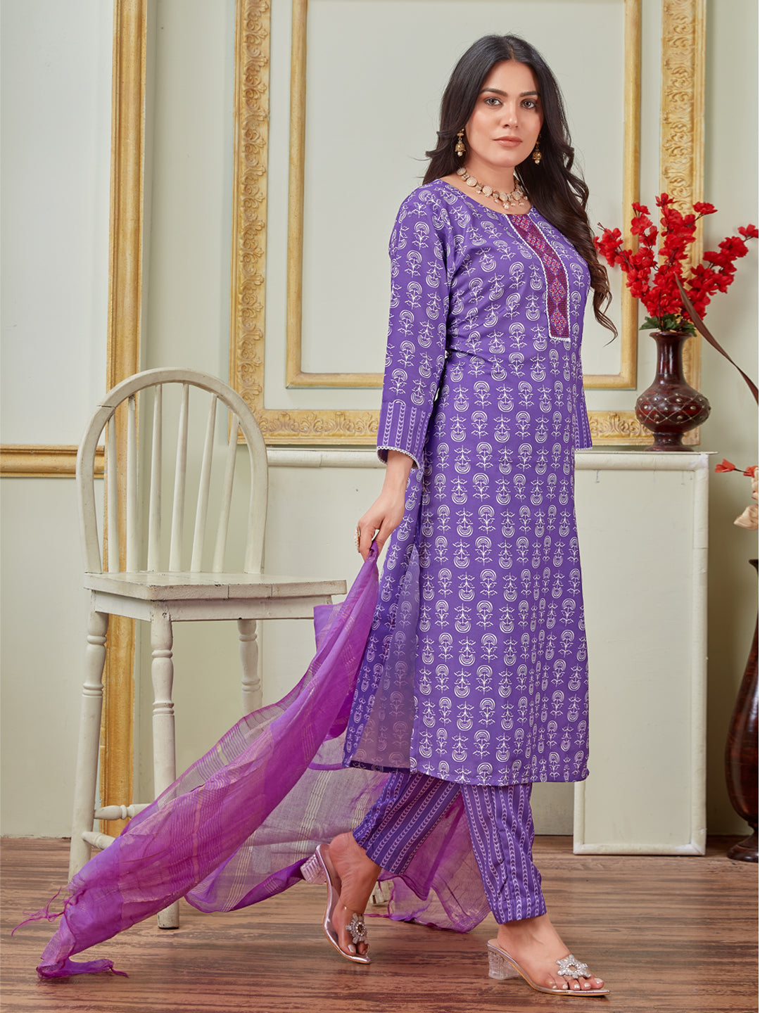 Embroidered Purple Rayon Kurti Pant Set with Dupatta for Women