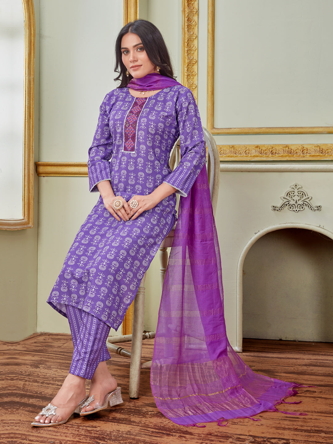 Embroidered Purple Rayon Kurti Pant Set with Dupatta for Women