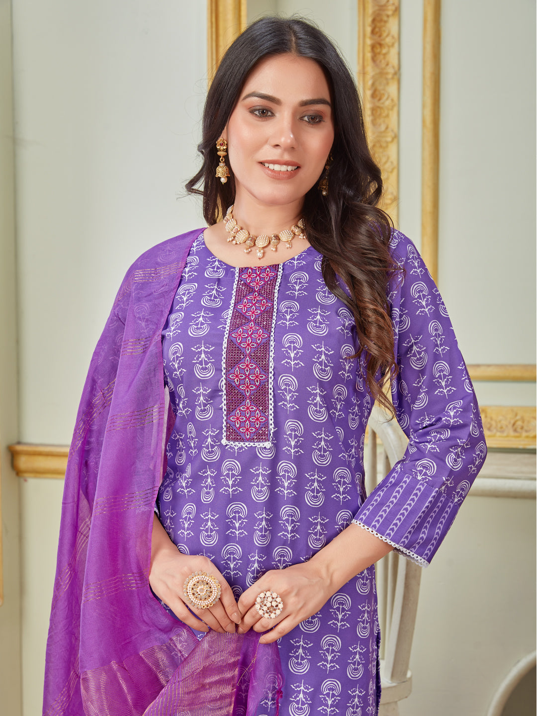 Embroidered Purple Rayon Kurti Pant Set with Dupatta for Women