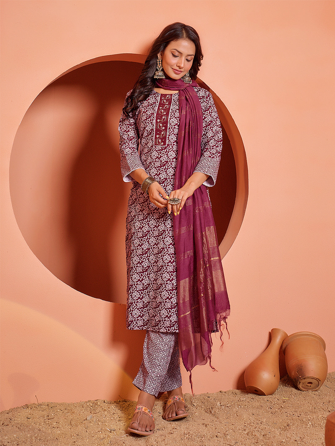 Embroidered Maroon Rayon Kurta Sets for Women