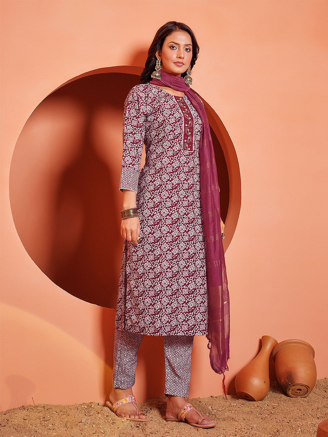 Embroidered Maroon Rayon Kurta Sets for Women