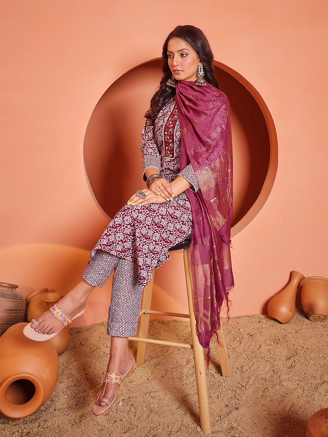 Embroidered Maroon Rayon Kurta Sets for Women